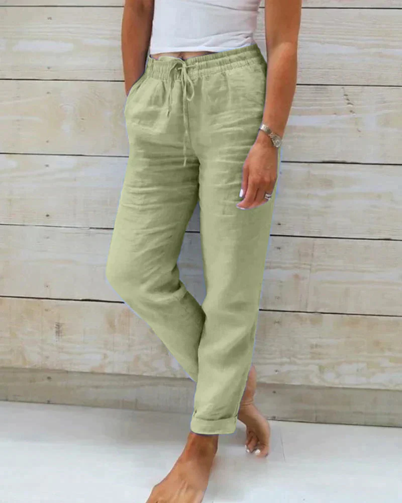 Women's Lightweight Linen Summer Pants with Elastic Waist and Drawstring