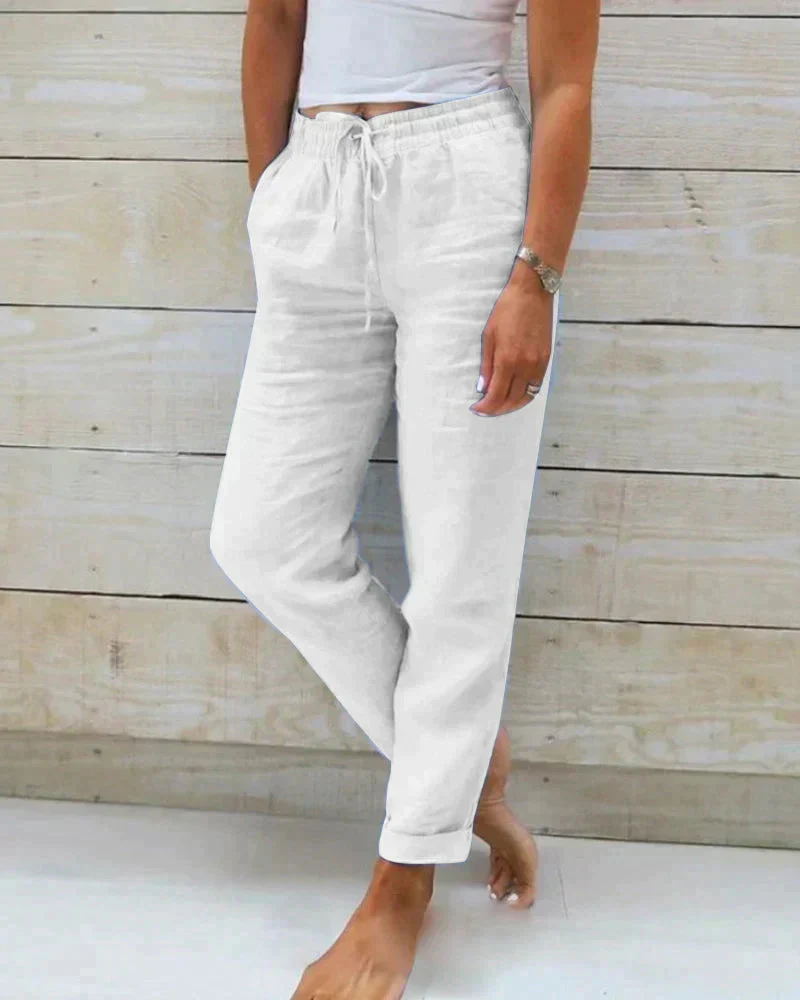 Women's Lightweight Linen Summer Pants with Elastic Waist and Drawstring