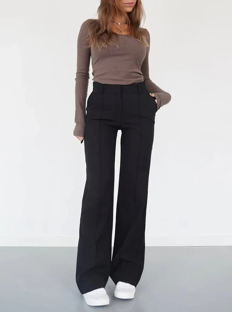 High-Waisted Flared Stretch Trousers for Women with Seam Detail