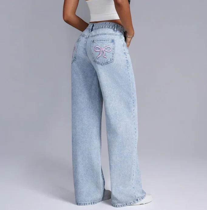 Women's Grey Wide-Leg Jeans with Embroidered Bow Accents