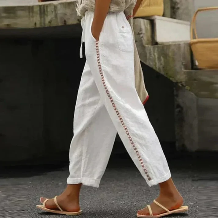Elena – Embroidered Linen Trousers with Comfortable Elastic Waist