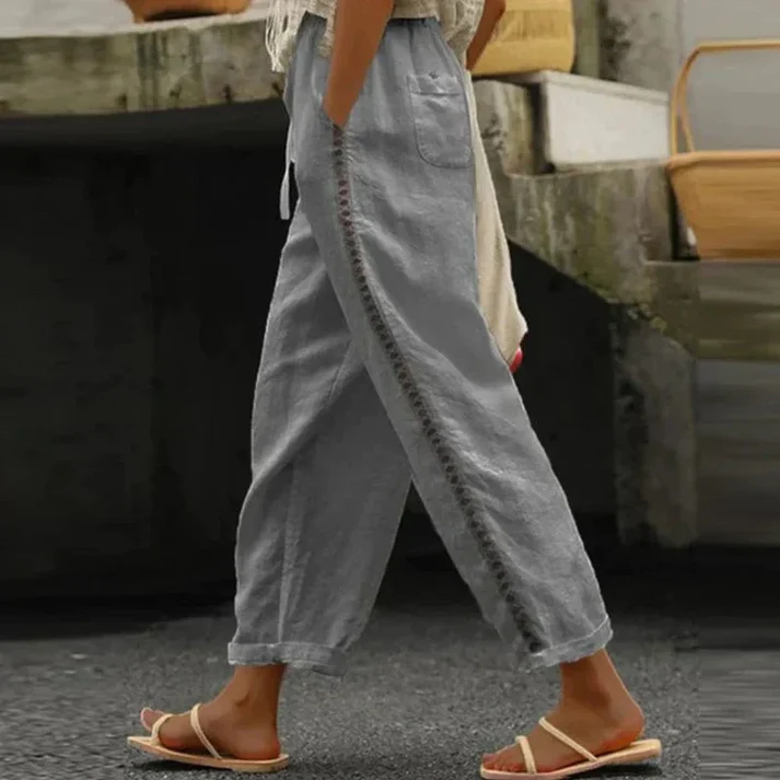 Elena – Embroidered Linen Trousers with Comfortable Elastic Waist