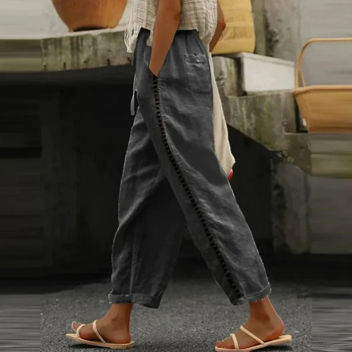 Elena – Embroidered Linen Trousers with Comfortable Elastic Waist