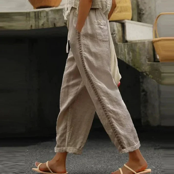 Elena – Embroidered Linen Trousers with Comfortable Elastic Waist