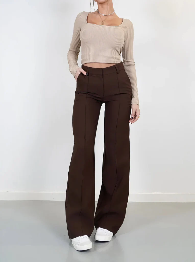 High-Waisted Flared Stretch Trousers for Women with Seam Detail