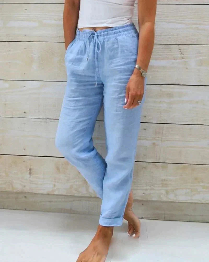 Women's Lightweight Linen Summer Pants with Elastic Waist and Drawstring