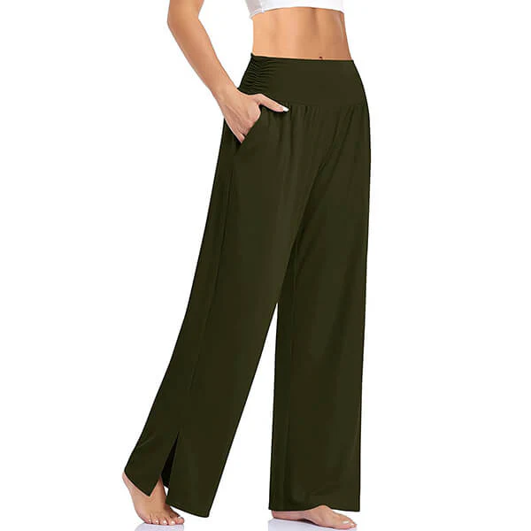 Women's High-Waisted Yoga Pants with Wide Legs and Split Detail