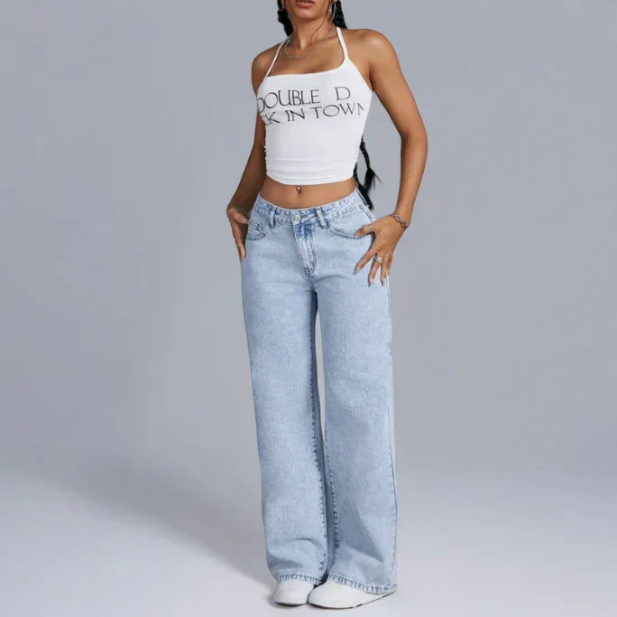 Women's Grey Wide-Leg Jeans with Embroidered Bow Accents