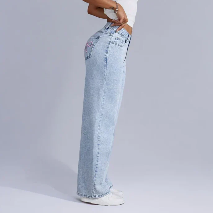 Women's Grey Wide-Leg Jeans with Embroidered Bow Accents