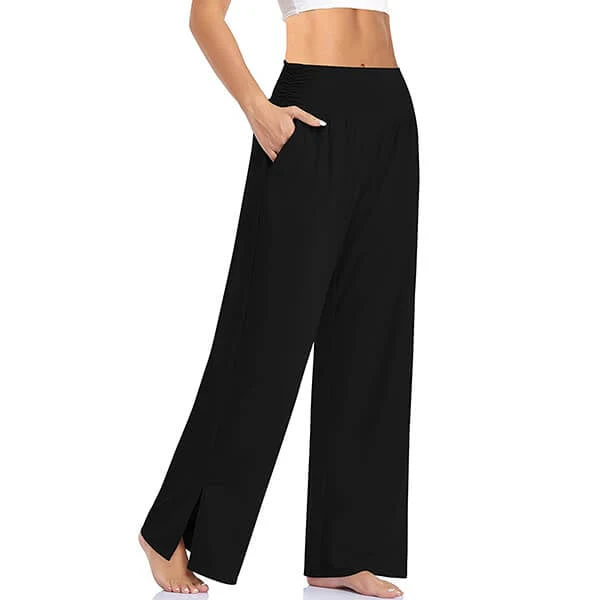 Women's High-Waisted Yoga Pants with Wide Legs and Split Detail