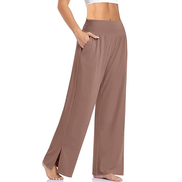 Women's High-Waisted Yoga Pants with Wide Legs and Split Detail