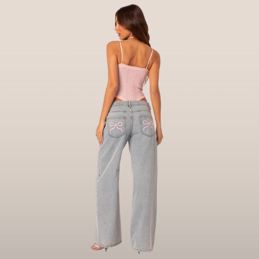 Women's Grey Wide-Leg Jeans with Embroidered Bow Accents