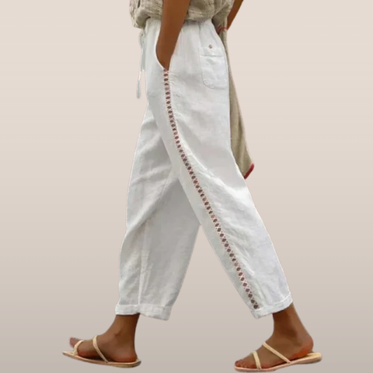 Elena – Embroidered Linen Trousers with Comfortable Elastic Waist